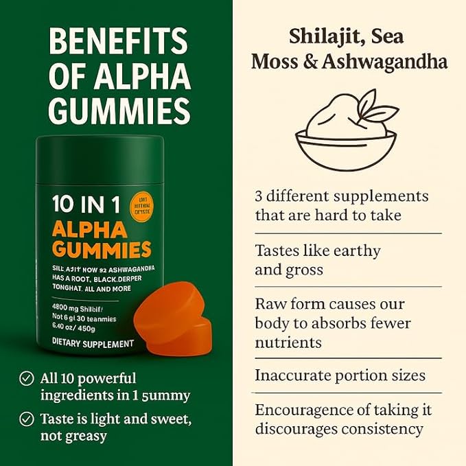 Alpha Gummies 10 in 1 for Men | 4000mg Himalayan Alpha Shilajit Gummies for Energy &amp Immune | 75% Fulvic Acid 85+ Trace Minerals Ashwagandha Gokshura | No Added Sugar Non-GMO 60 Count (1)