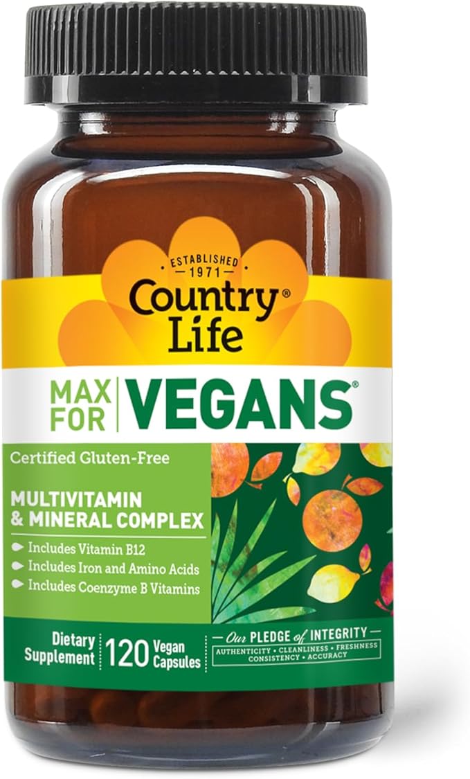 Country Life Max for Vegans - 120 Vegan Capsules - Daily Multivitamins - Immune Support Supplement - Contains Vitamin B12 Iron Amino Acids Coenzyme B Vitamins - Gluten-Free