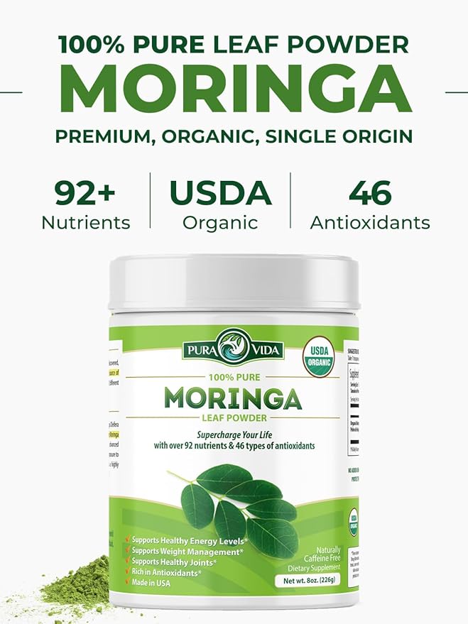 PURA VIDA MORINGA Organic Moringa Leaf Powder Premium 100% Leaf Powder Single Origin - USDA Organic Moringa Oleifera Perfect for Smoothies &amp Recipes 8 oz