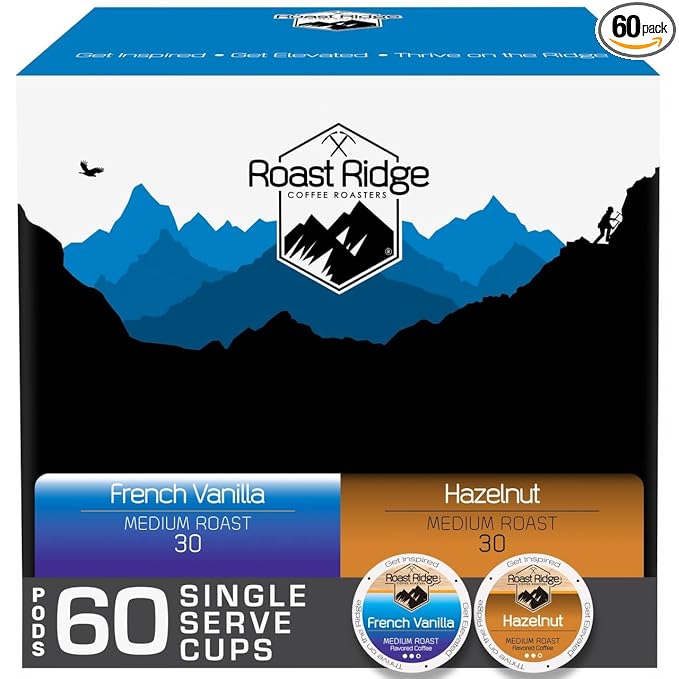 Roast Ridge Single Serve Coffee Pods for K-Cup Brewers Flavored Variety Pack Medium Roast 60 Count (30 each: French Vanilla Hazelnut)