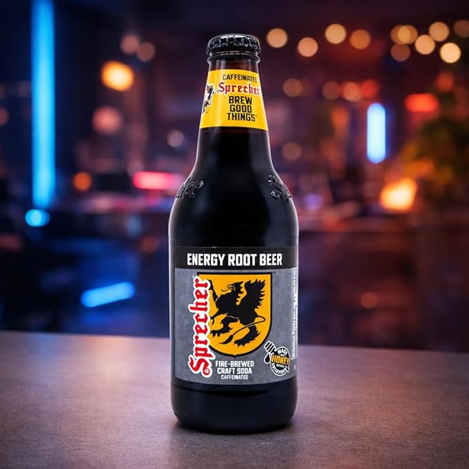 Sprecher Energy Root Beer in 16 fl oz Glass Bottles (12 Pack) Caffeinated Fire Brewed Craft Soda with Real Honey Naturally Flavored Root Beer Energy Drink