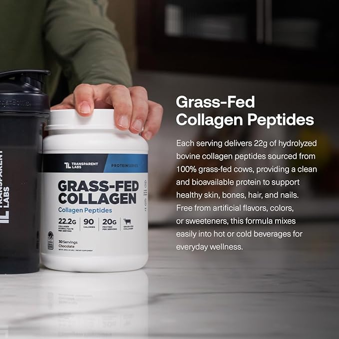 Transparent Labs Grass-Fed Collagen Peptides Powder - Collagen Powder for Women &amp Men 22G Bovine Hydrolyzed Collagen Peptides Powder for Skin Hair Bones &amp Muscle Recovery - Chocolate 30 Se