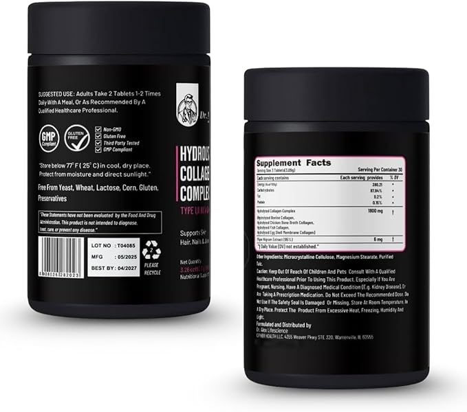Dr. Alex Hydrolyzed Multi Collagen Supplement Tablets 1800mg (90 Tablets) - Type I II III V &amp X | Collagen Peptides Capsules for Women &amp Men | Skin Hair Nails &amp Joint Support