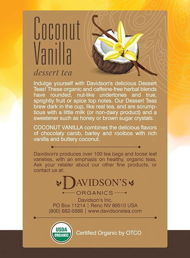 Davidson's Organics Coconut Vanilla 8-count Tea Bags Pack of 12