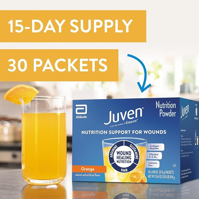 Juven Therapeutic Nutrition Drink Powder Including Collagen Peptides Amino Acids and HMB for Wound Healing Support Orange 30 Packets(Pack of 2)