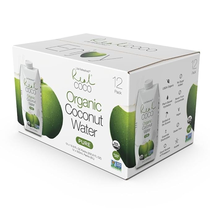 Real Coco Organic Pure Coconut Water 500mL 100% USDA Organic Coconut Water Packed with Electrolytes Dairy/Soy Free Vegan Plant Based (12-pack 500L) *PACKAGING MAY VARY*