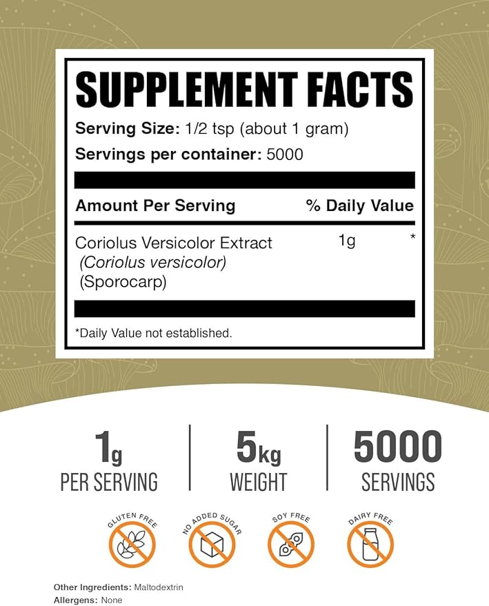 BulkSupplements.com Turkey Tail Mushroom Extract Powder - Coriolus Versicolor Extract Mushroom Supplement - Vegan &amp Gluten Free 1g per Serving 1kg (2.2 lbs) (Pack of 5)