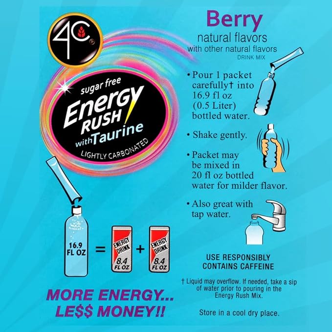 4C Powder Energy Rush Stix Energy Rush - Berry 350 Count Bulk Buy Singles Stix On the Go Refreshing Water Flavorings Value Pack