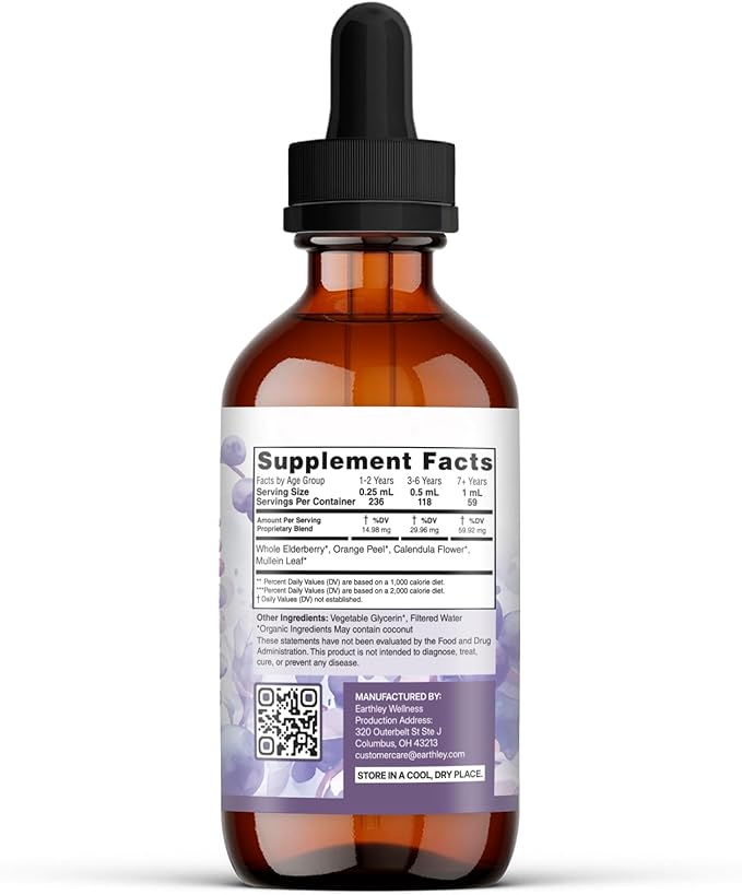 Earthley Wellness Elderberry Elixir Drops Herbal Elderberry Syrup Alternative Powerful Immune &amp Respiratory Support Shelf Stable with Mullein Orange Peels and Cloves (2oz Kids 120+ doses)