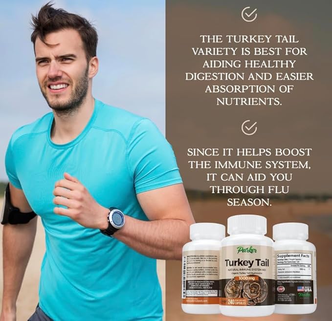 Parker Naturals Turkey Tail Mushroom Capsules - Organic Mushroom Supplement for Immune System Health Support - 1000 mg Premium Mushroom Supplements - 240 Capsules