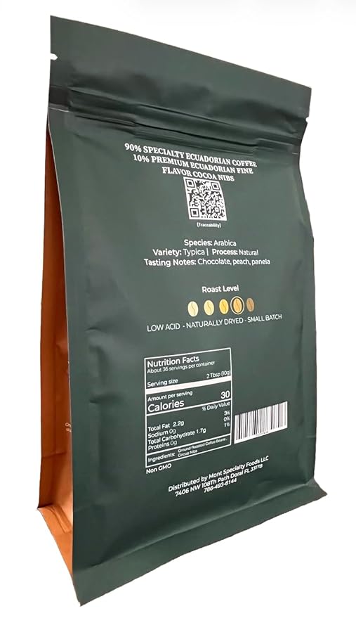 Mont Coffee Ecuador - Loja Highlands Specialty Coffee infused with Premium Ecuadorian Cocoa Nibs - 12 oz - Ground Specialty Coffee - Ground Cocoa Nibs.