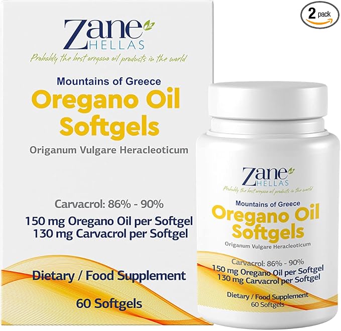 130 mg Carvacrol - 150 mg Oregano Oil per Softgel. Zane Hellas Oregano Oil Softgel - Contains 30% Greek Essential Oil of Oregano. 120 Softgels.