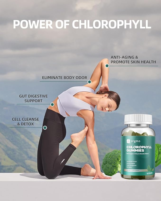 Chlorophyll Gummies for Body Odor Deodorant 2 Pack Sugar Free Vitamins D Gummy 1000IU ACV Spirulina Chlorella Herbal Supplement for Women Immune Support Vegan Non-GMO