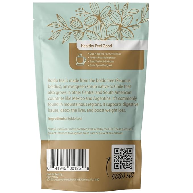 Boldo Herbal Tea — Traditionally Used for Digestive Comfort &amp Healthy Bile Flow | 35 Filtered Tea Bags Included | Caffeine-Free Gluten-Free | 3 oz Loose Leaf