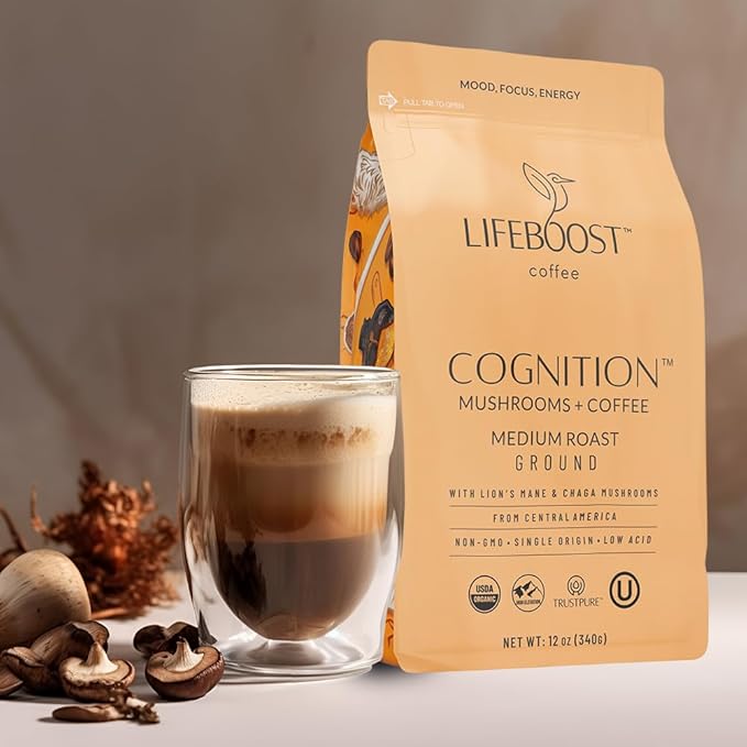 Lifeboost Cognition Adaptogenic Mushroom Coffee - Great Tasting Organic Lions Mane &amp Chaga Medium Roast Nootropic Coffee - Increase Energy Boost Focus &amp Immune Support - 12 oz Bag - Ground