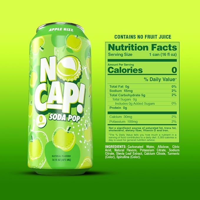 NO CAP! Next Gen Soda Pop with Zero Sugar Zero Calories and Electrolytes for Hydration Naturally Flavored Caffeine-Free Soda Vegan &amp Gluten-Free 16 oz Cans (Apple Rizz)