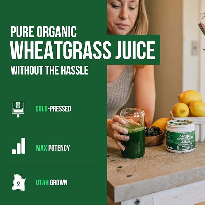 Organic Wheatgrass Juice Powder - Organic Grown in Volcanic Soil of Utah - Raw BioActive Form Cold-Pressed Then CO2 Dried 20:1 Concentrate Juice Extract - Unflavored (5.3 oz – 60 Servings)