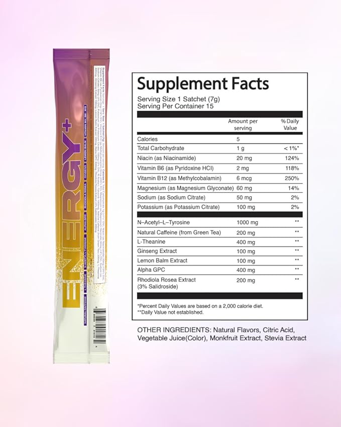 Raised Energy+ Nootropic Drink Mix | 200mg Natural Caffeine + L-Theanine | Zero Sugar | Clean Energy Powder for Focus Mood &amp Motivation | 15 Stick Packs | Passion Fruit Flavor