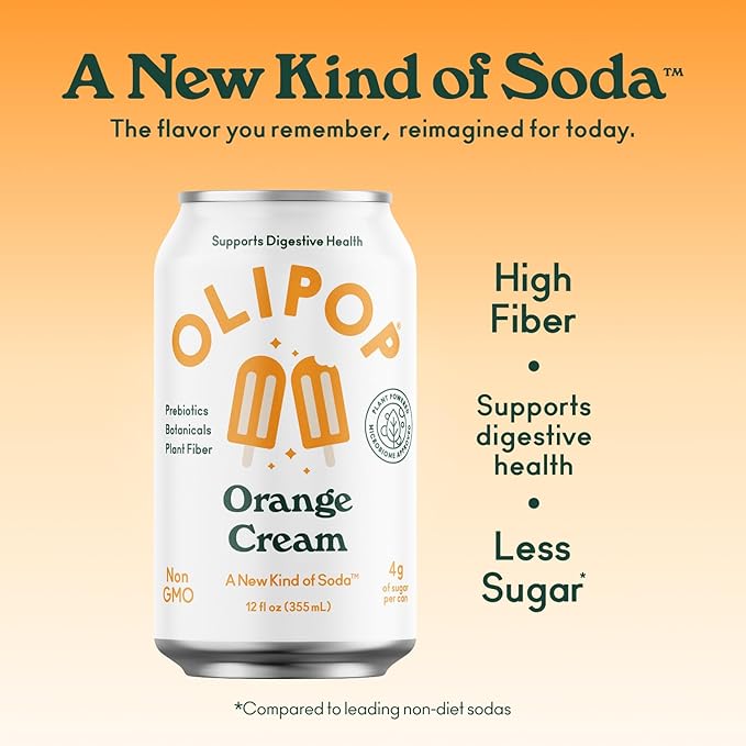 OLIPOP Prebiotic Soda Pop Orange Cream A New Kind of Soda Packed with Prebiotics Fiber and Botanicals Gluten Free GMO Free 12oz (12-Cans)