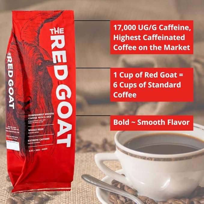 The Red Goat Ground Coffee Beans [16 OZ] | Highest-Caffeine on the Market | 1 Cup = 6 Average Cups of Coffee | 17000 UG/G Caffeine