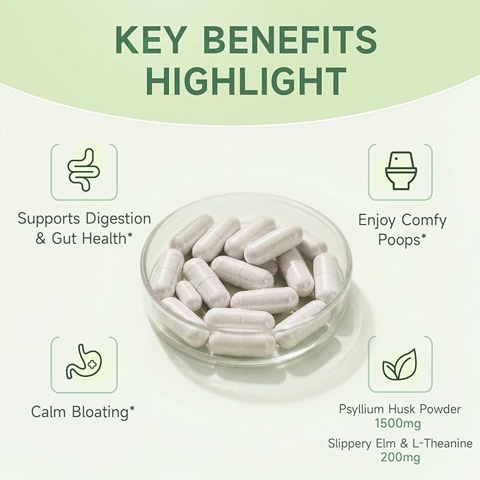 Fiber Supplement Capsules for Digestive Health &amp RegularityEffortless Bowel Movements-Psyllium Husk Powder &amp Slippery Elm-Natural Prebiotic FiberNon-GMO-Daily Fiber for Adults Women &amp M