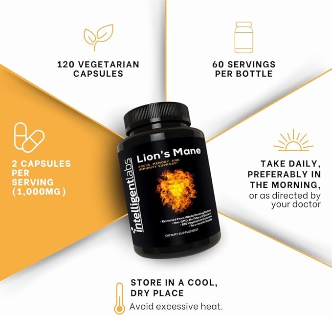 Intelligent Labs Lion’s Mane Mushroom Capsules Extracted from The Fruiting Bodies of Hericium Erinaceus Minimum 25% Beta Glucans No Grain Fillers 2-Month Supply