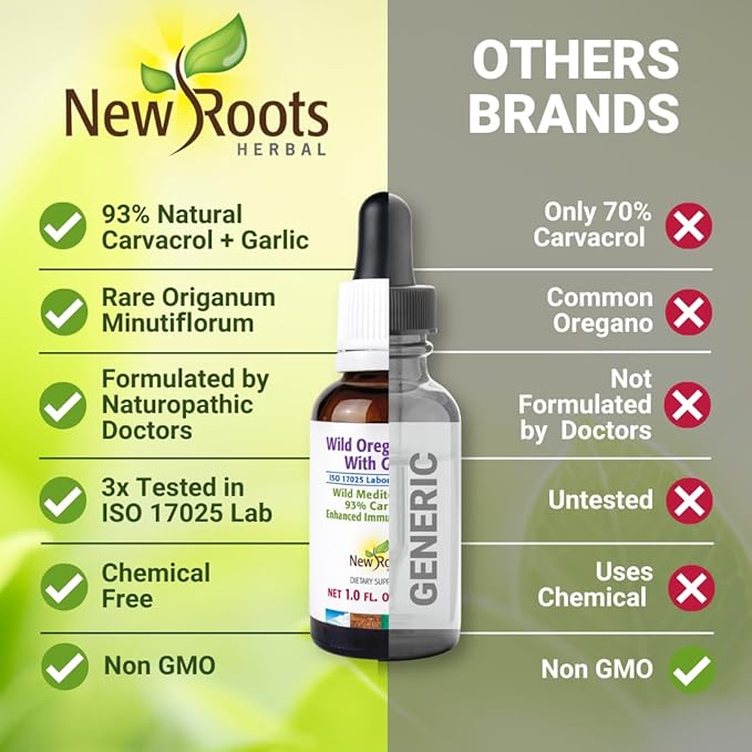 NEW ROOTS HERBAL Wild Oregano Oil Tincture with Garlic (1 fl oz) | 93% Carvacrol Oregano Oil Drops Enhanced Immune Support Supplement l Non GMO Vegan GMP Certified
