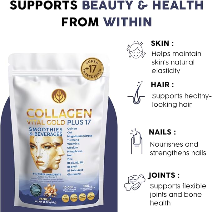 Vital Life Collagen Peptides Powder +17 Super Ingredients 1 lb (Pack of 12) Vanilla Flavor Supports Hair Skin Nails Bones Joints &amp Digestive Health Collagen for Women &amp Men.