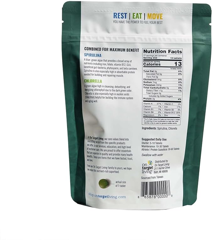 On Target Living Organic Spirulina Chlorella | USDA Organic | Vegan | Immune Support | Alkalyzing | Nutrient Dense | Protein Dense (2000 Tablets)