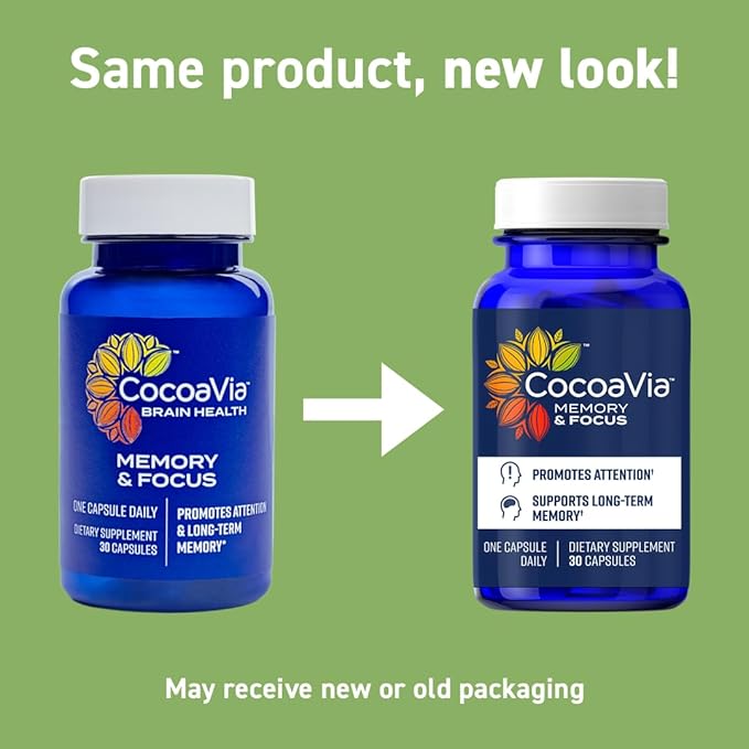 CocoaVia Memory &amp Focus Brain Supplement 30 Day Cocoa Flavanol Blend Lutein Added Caffeine for Boost. Improve Cognitive Function Attention Vegan &amp Plant Based 30 Capsules