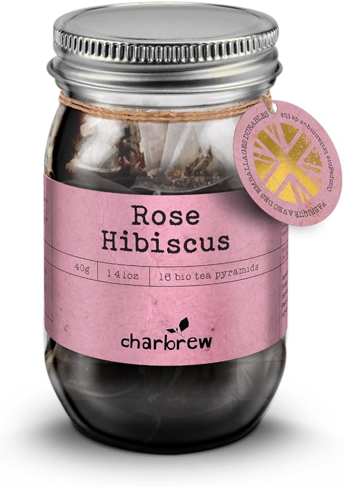 Charbrew Rose Hibiscus Tea - 16 Fine Mesh Pyramid Teabags with String &amp Tag in Reusable Glass Mason Jar | Premium Herbal Tea Blend with Rosehips Hibiscus &amp Rose Petals