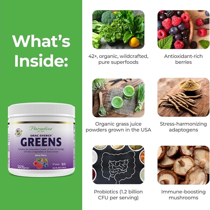 Paradise Herbs ORAC Energy Greens Berry Superfood Powder Over 40000 ORAC Antioxidants Organic Greens Berries Mushrooms &amp Probiotics Non-GMO Gluten-Free 25 Servings