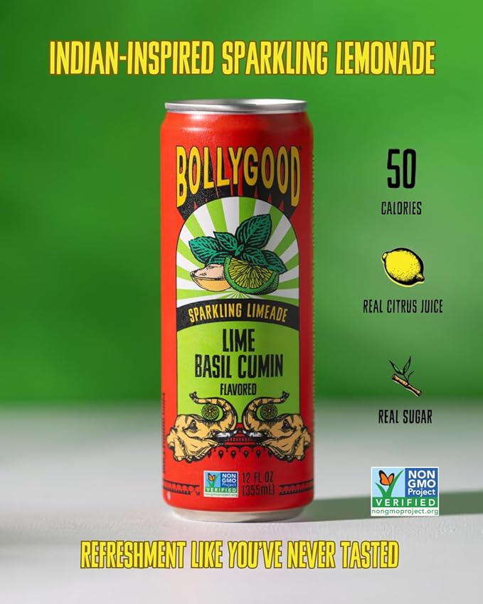 Bollygood Sparkling Limeade Lime Basil Cumin Indian Inspired Beverage Nimbu Pani No Artifical Colors or Flavors Non-GMO Project Verified 12 FL OZ Cans (Pack of 12)