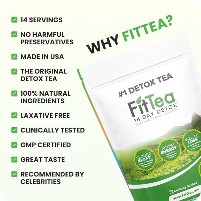 FitTea The Original 14 Day Detox Tea with Organic Green Tea ECGC Garcinia Cambogia and Ginger - Colon Detox Cleanse to Help Bloating and Support Metabolism