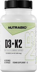 NutraBio Vitamin D3 K2 | 5000 IU D3 as Cholecalciferol with Vitamin K2 as MENA-Q MK7 (180mcg) | Support Bone and Heart Health | Non-GMO Gluten Free Lactose Free | 60 Vegetable Capsules