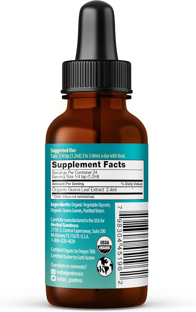 Guava Leaf Extract - Organic Guava Leaves - Hojas de Guayaba for Health &amp Wellness Immune Support Hair Skin and Nails Supplement | Non-GMO |1oz Bottle - Herbal Goodness