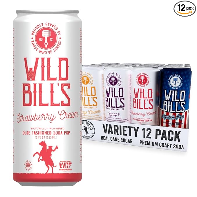 Wild Bill's Craft Soda Soft Drinks Fruity Variety Pack Strawberry Grape Rocket Pop Orange Cream Pure Cane Sugar Caffeine Free NO High Fructose Corn Syrup Gluten Free 12 Pack