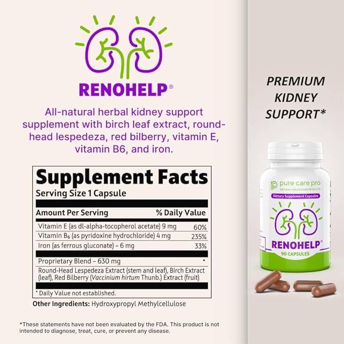 Renohelp Powerful All-Natural Kidney Support Supplement for Healthy Kidney Function Creatinine Levels and Glomerular Filtration Vegan &amp Gluten Free* (90 Capsules)