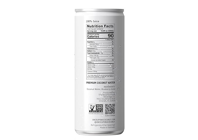 Once Upon a Coconut Premium Blueberry Coconut Water - Low Calorie All-Natural Drink with Electrolytes - Non-GMO - Gluten-Free - 10.8 Fl Oz (Pack of 12)