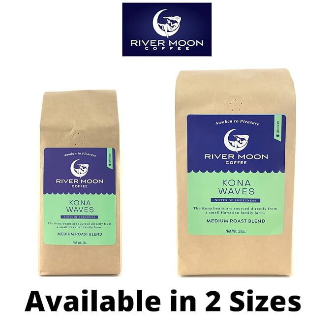 River Moon Coffee Kona Coffee Ground Medium Roast 16 Ounces Kona Waves Hawaiian Blend Sustainably Farmed 100% Arabica
