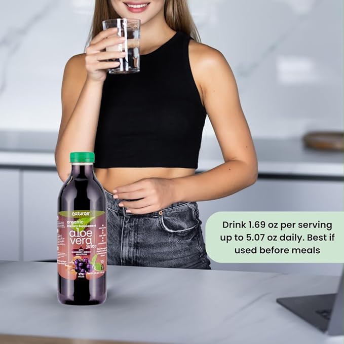 naturae Healthy Aloe Vera Juice – Natural Digestive Health &amp Immune Support – with Elderberry Ginger &amp Stevia – Promotes Stomach Balance &amp Regularity – 3 x 33.8 fl oz