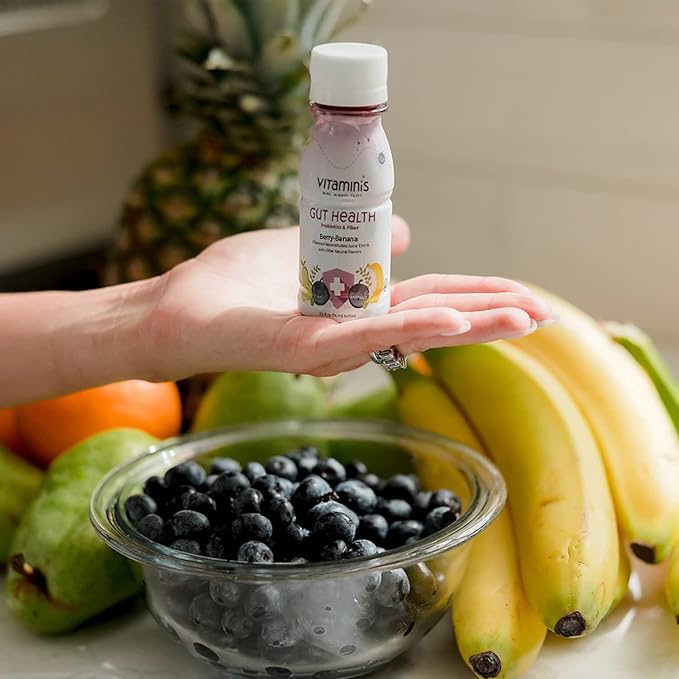 Vitaminis - Gut Health Shot - Berry Banana Juice with Probiotics and Fiber for Digestive Health. Dairy Free No Added Sugar Shelf Stable &amp Gentle for Kids Women &amp Men (2.5 Fl. Oz Pack of