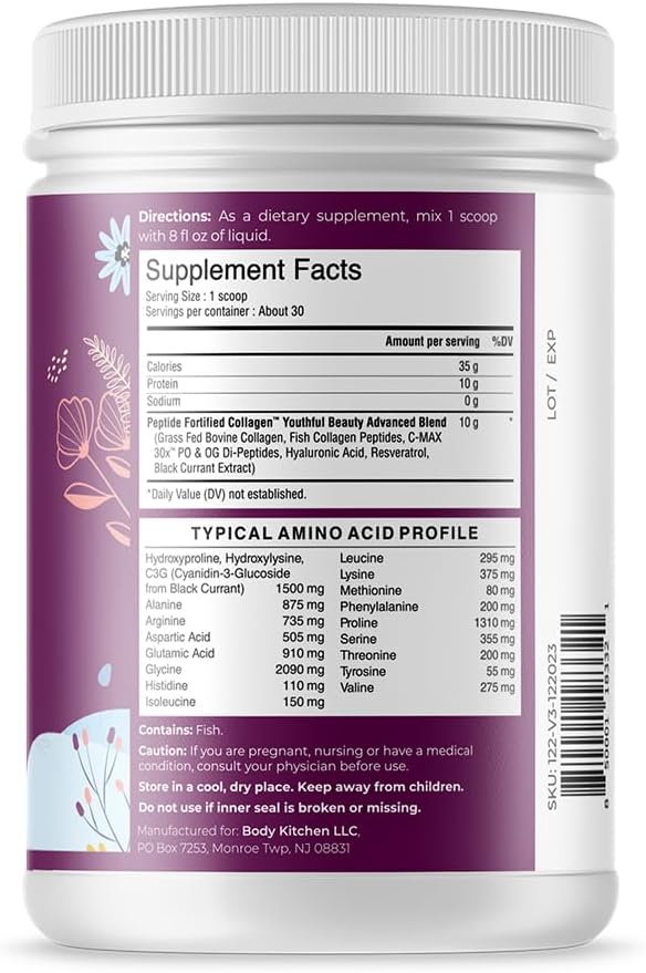 Body Kitchen Youthful Beauty Advanced Collagen Peptides Powder for Beautiful Hair Skin Nails Resveratrol and Hyaluronic Acid for Anti-Aging &amp Antioxidant Support Grass Fed (Pack of 2)