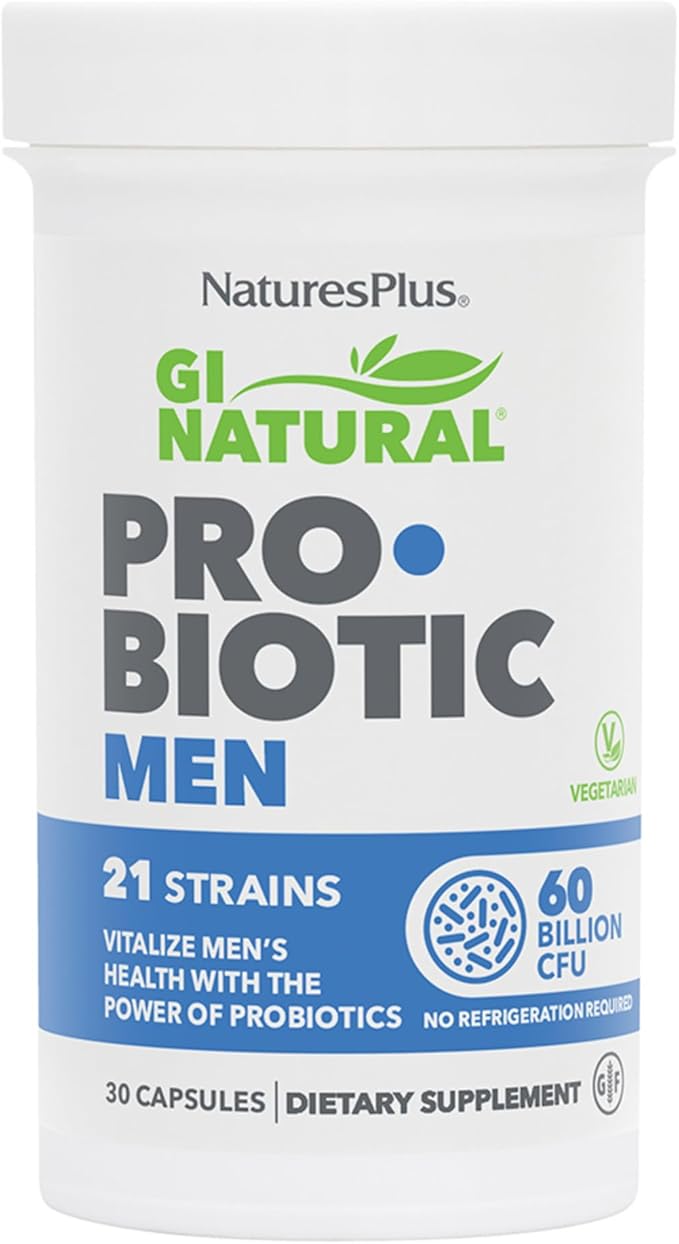 NaturesPlus GI Natural Probiotic Men - 30 Capsules - Digestive &amp Prostate Health Immune Strength - Includes Saw Palmetto - Gluten Free - 30 Servings