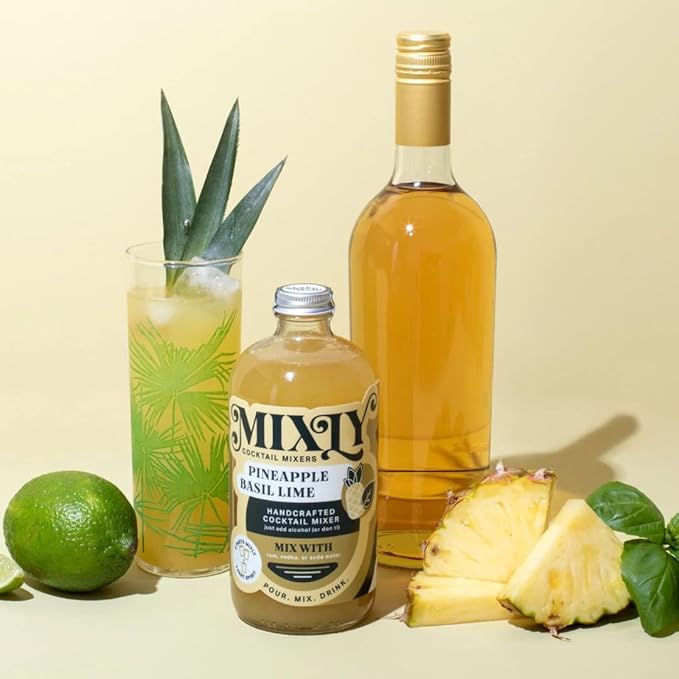 Mixly Pineapple Basil Lime Mixer Made with Fresh Squeezed Juice Ready to Drink Use with Vodka Rum Soda Water 16 oz.