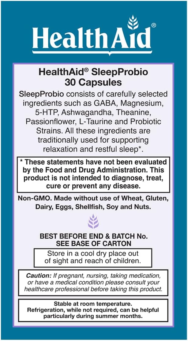 HealthAid SleepProbio Vegan Sleep Support Supplement 30 Capsules Once Daily Probiotics and Herbs to Support Restful Sleep &amp Relaxation
