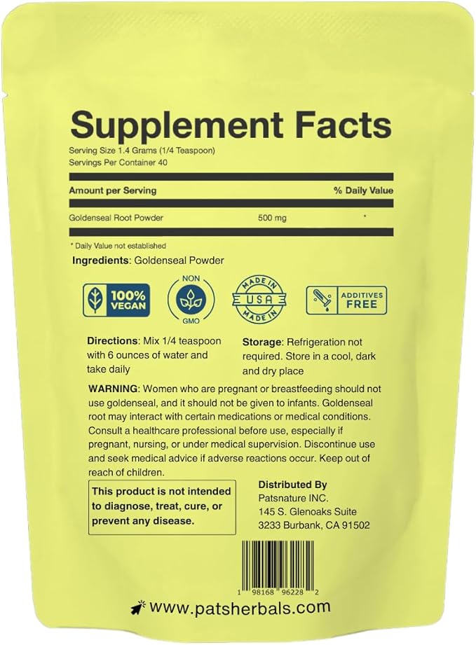 Pat's Herbals Goldenseal Root Powder - 2oz USA Grown Non-GMO | Pure Bright Yellow Root Powder