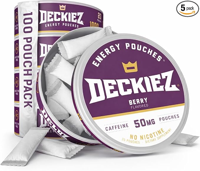 Deckiez Energy Pouches 5 Cans (100 Pouches) Sugar Free Caffeine Supplement Coffee Pouches &amp Energy Drink Alternative 50mg Caffeine Pouches Berry Flavor