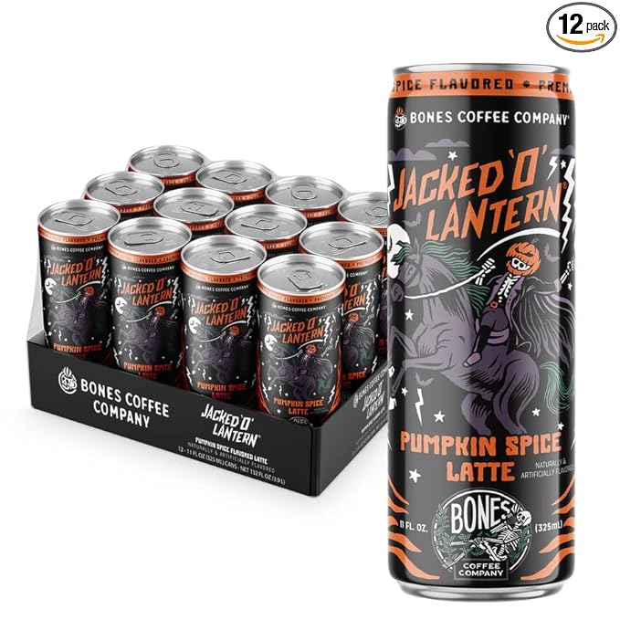 Bones Coffee Company Jacked O' Lantern Latte Pumpkin Spice Flavored Coffee Medium Roast Ready To Drink Iced Coffee in Can 11 Fl Oz Can (12 Pack)