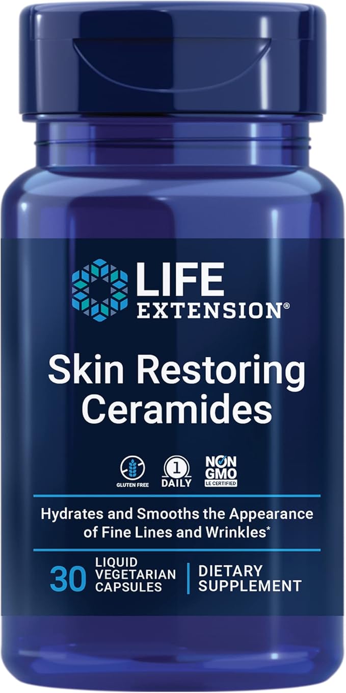 Life Extension Hair Skin &amp Nails Collagen Plus Formula 120 Count &amp Skin Restoring Ceramides 30 Liquid Vegetarian Capsules